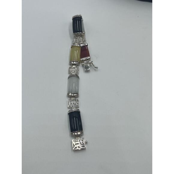 Vintage 1960's Signed Chinese Jadeite Sterling Panel Link Bracelet 7.5" Length - Picture 9 of 14